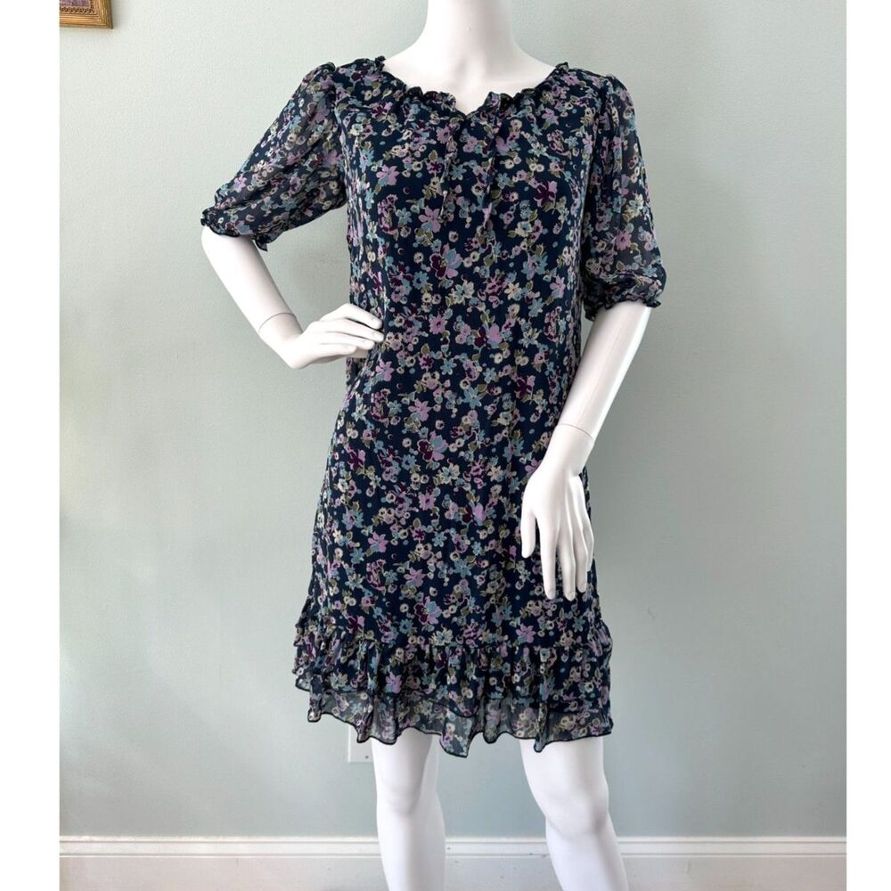 Kandy Kiss Women's Blue Floral Boho Shift Dress – Short Sleeve, Ruffle, Size M